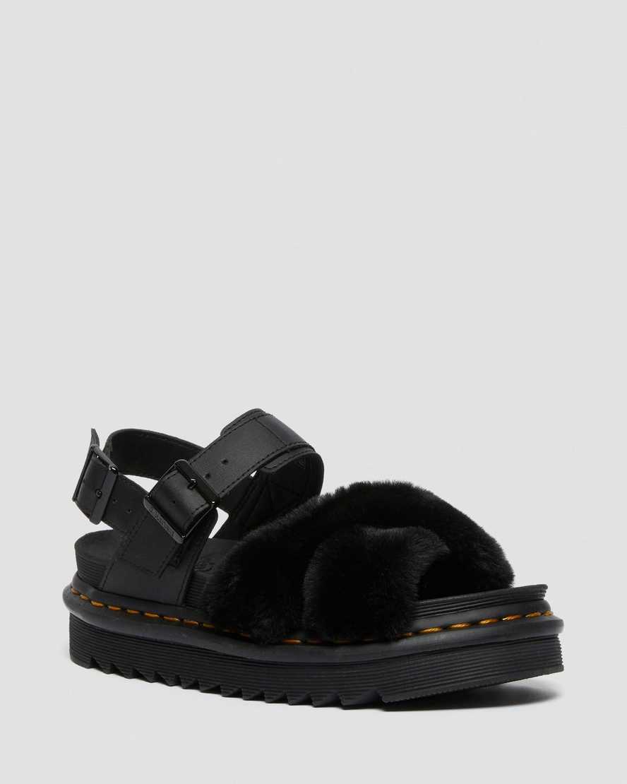 Dr. Martens Voss II Fluffy Faux Fur Lær Strap Platform Sandaler Dame Svart [4512ATJWP]